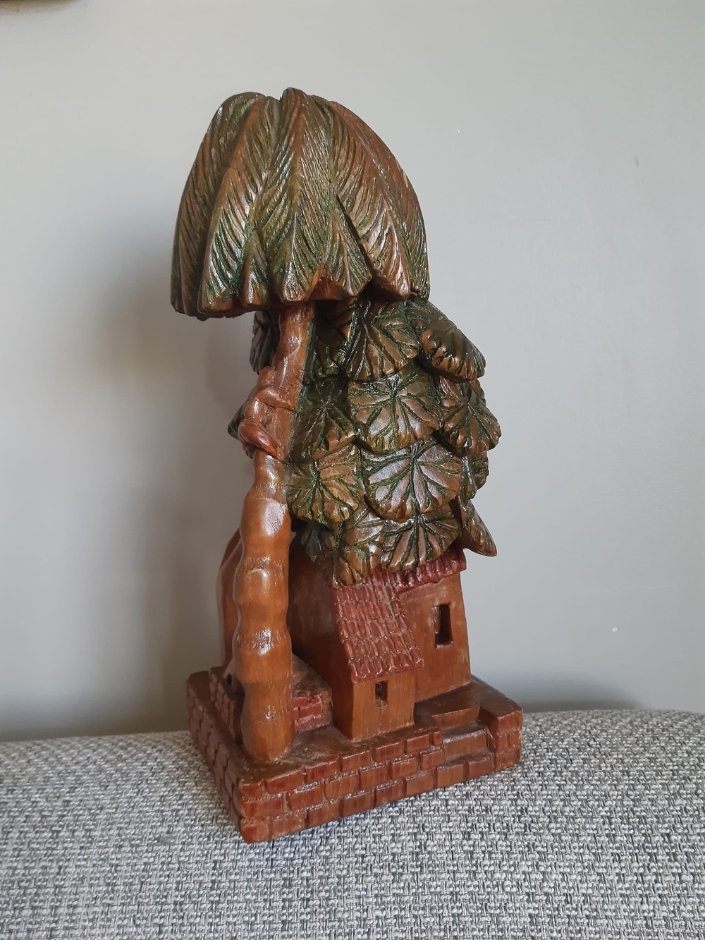 Vintage Hand-Carved Wooden Tree House Sculpture
